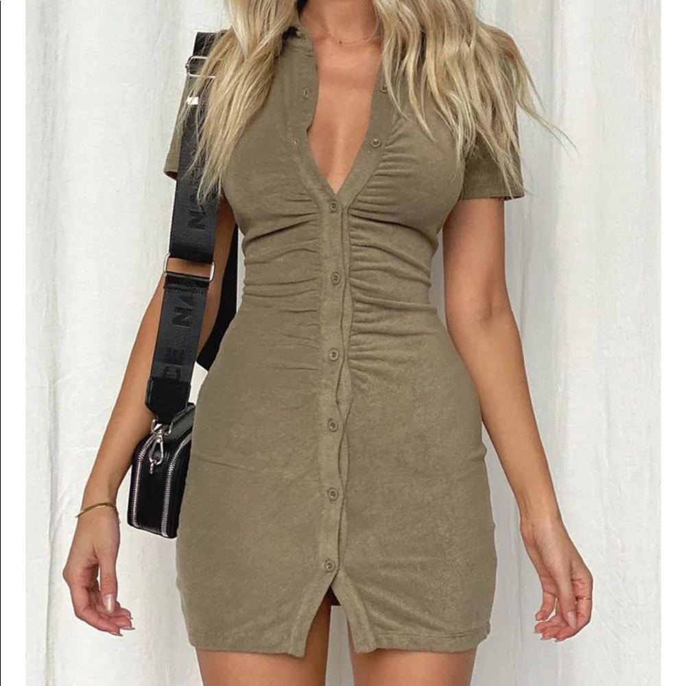 Island Escape Terry Mini Dress in Khaki